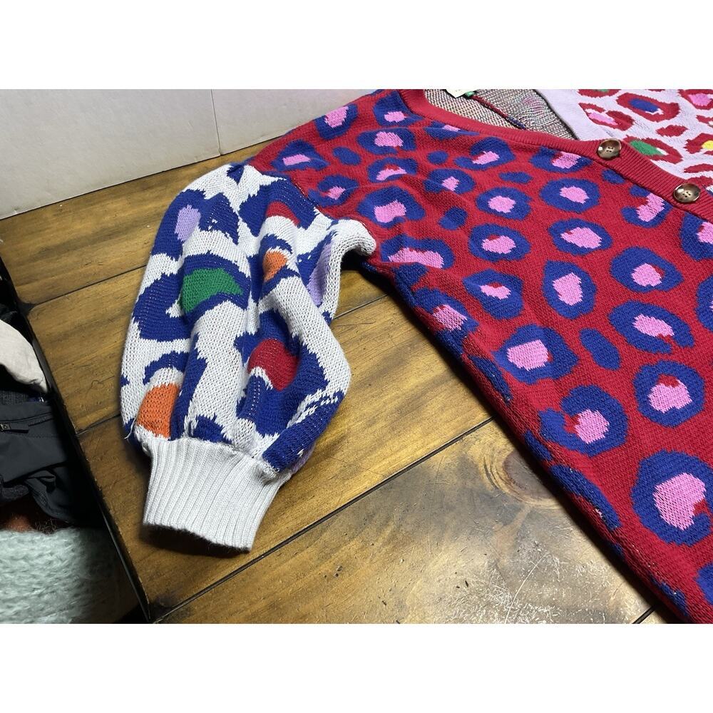 Farm Rio Leopard Pop Cardigan Size XL Colorful Cotton Oversized Bohemian - Picture 2 of 12